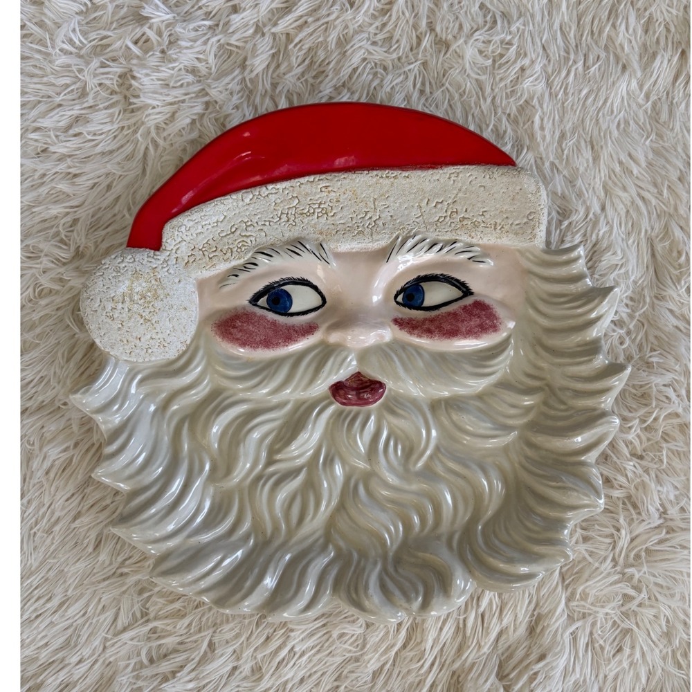 Vintage Ceramic Santa Claus Face Plate Holiday Christmas Decor Tray‎